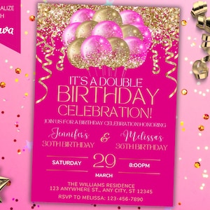 Editierbare Gelenk Doppel Geburtstagsparty Hot Pink Gold Glitter Luftballons Einladung Vorlage, druckbare Karte und Telefon Evite, Instant Download