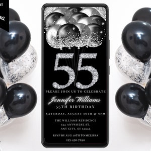 Digital 55th Birthday Black Silver Invitation, Electronic Text Message Evite, Diamond Glitter Balloons, Self-Edit Template, Instant Download