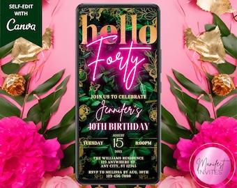 Digitale Hello Forty 40e verjaardagsuitnodiging, elektronische telefoon Evite, roze neon goud groen, bewerkbare sjabloon, Instant Download
