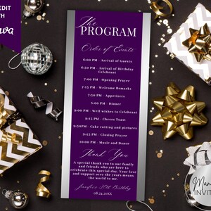 May include: A purple and silver event program with the text "The Program" and "Order of Events." The program includes a schedule, thank you message, and the text "Jennifer's 30th Birthday." The background includes gifts and decorations.