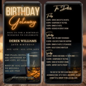 Digital Men's Birthday Getaway Weekend Whiskey Itinerary Invitation, Electronic Phone Text Evite, Editable Template, Instant Download, WM42