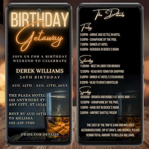 Digital Men&#39;s Birthday Getaway Weekend Whiskey Itinerary Invitation, Electronic Phone Text Evite, Editable Template, Instant Download, WM42