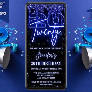 Digital Twenty 20th Birthday Party Invitation, Electronic Text Email Evite, Neon Blue Glitter Drip, Editable Template, Instant Download