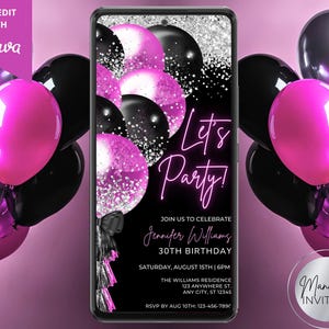 Digital Let&#39;s Party Pink Black Silver Balloons Birthday Party Invitation, Electronic Phone Text Evite, Editable Template, Instant Download