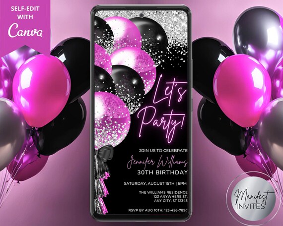 32 Inviti Di Compleanno Per Adulti Con Palloncini – A6 Con Buste, Neri E Rosa, Cartoncino Di Qualità, Progettati E Stampati Nel Regno Unito - 2