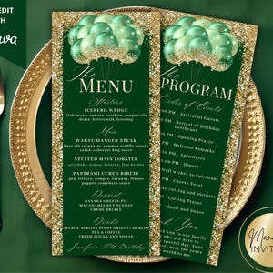 May include: Stylish green and gold menu and program cards with a glittery border and balloon graphic. The menu lists starters, main courses, desserts, and drinks. The program outlines the order of events. The text reads "Jennifer's 30th Birthday."