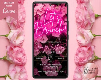 Digital Pink Floral Birthday Brunch Invitation, Electronic Phone Text Evite, Let's Brunch, Editable Template, Evite, Instant Download, PF01