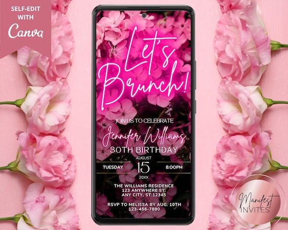 Digital Pink Floral Birthday Brunch Invitation, Electronic Phone Text Evite, Let's Brunch, Editable Template, Evite, Instant Download, PF01