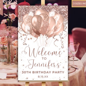 Letrero de bienvenida con globos de purpurina rosa y dorado para imprimir, letrero para fiesta de cumpleaños, decoración para fiestas, letrero de entrada, plantilla editable, descarga instantánea
