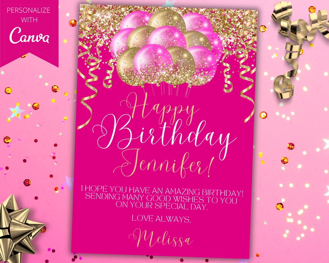 Printable Happy Birthday Greeting Card Hot Pink Gold Glitter Balloons ...