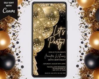 Digital Let's Party Gold Glitter Balloons Birthday Party Invitation, Electronic Phone Text Email Evite, Editable Template, Instant Download