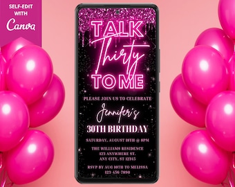 Digital Talk Thirty To Me 30th Birthday Party Invite, Electronic Evite, Neon Pink Glitter Drip, Editable Template, Instant Download, PGD7