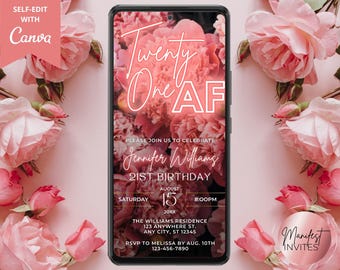 Digitale 21 AF 21e verjaardagsuitnodiging verjaardagsfeestje, blush roze neon bloemen, telefoontekst Evite, bewerkbare canvassjabloon, direct downloaden, BP74