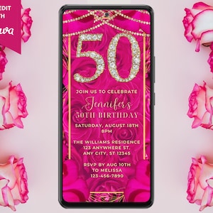 Digital 50th Birthday Pink Floral Gold Diamond Party Invitation, Electronic Phone Text Evite, Editable Template, Instant Download, DHP5