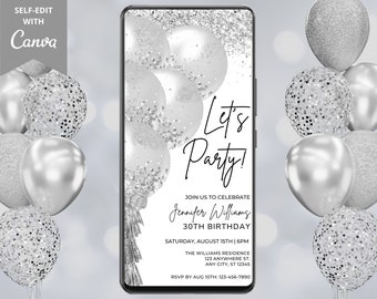 Electronic Let's Party White Silver Balloons Birthday Party Invitation, Digital Phone Text Email Evite, Editable Template, Instant Download