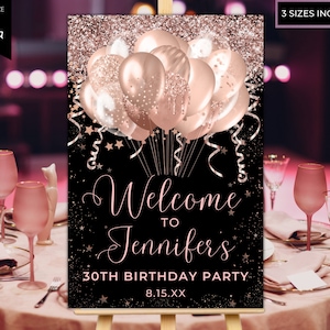 Rose Gold Glitter Balloons Printable Welcome Sign, Birthday Party Sign, Graduation Sign, Entrance Sign, Editable Template, Instant Download