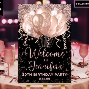 Rose Gold Glitter Balloons Printable Welcome Sign, Birthday Party Sign, Graduation Sign, Entrance Sign, Editable Template, Instant Download image 1