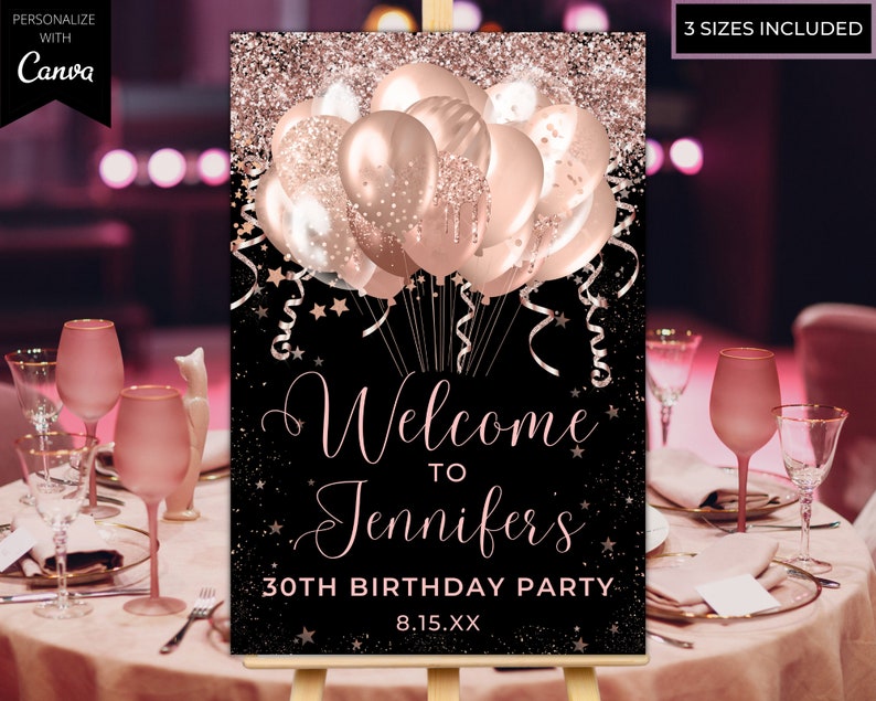 Rose Gold Glitter Balloons Printable Welcome Sign, Birthday Party Sign, Graduation Sign, Entrance Sign, Editable Template, Instant Download image 1