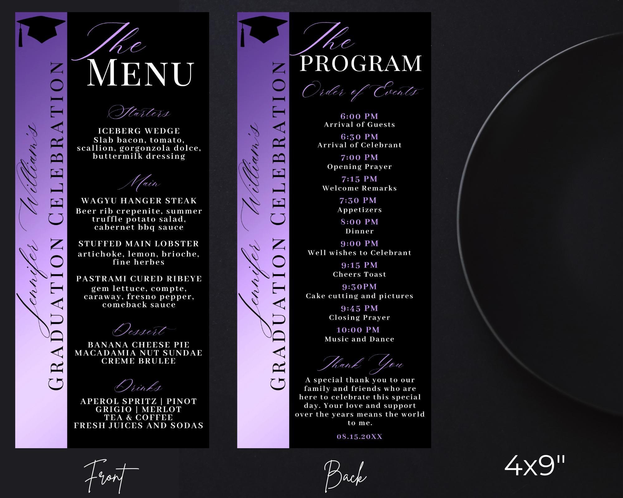 Editable Elegant Purple Graduation Menu Program & Thank You Card, Grad ...