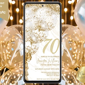 Faire-part de fête numérique ballon or blanc 70e anniversaire, élégant moderne, téléphone électronique Evite, modèle modifiable, téléchargement immédiat, WG35