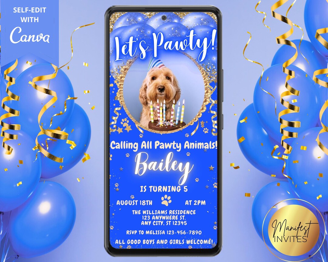 Digital Let's Pawty Boy Dog Birthday Party Photo Invitation, Blue ...