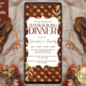 Digital Thanksgiving Herbst Familie Dinner Party Einladung, braune Kürbisse, elektronischer Telefon Text Evite, bearbeitbare Vorlage, Sofort Download