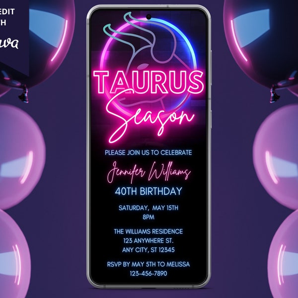 Taurus Zodiac Birthday Digital Invitation, Electronic Party Invite, Neon Taurus Season, Phone Evite, Editable Template, Instant Download