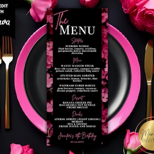 Editable Elegant Pink Floral Birthday Dinner Menu and Drink Card, Printable Table Setting Decor, Canva Template, Instant Download, PF01
