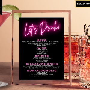 Bearbeitbare Let's Drink Pink Neon Bar Menüvorlage, druckbare Signatur Drink Cocktail Bar Schild, Tischschild, Geburtstag, Sofort Download, PG38