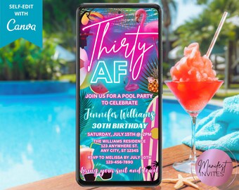 Digital Thirty AF 30th Birthday Pool Party Invitation, Neon Tropical Summer Beach BBQ Invite, Phone Text Evite, Editable Canva Template