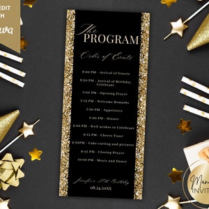 Bearbeitbare Schwarz Gold Glitter Geburtstag Event Programm Kartenvorlage, Geburtstag Dinner Party Reiseplan, Tischprogramm, Sofort Download