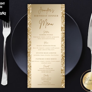 Cartão de evento de menu de jantar de aniversário com brilho dourado editável, cartão de menu de bebida e jantar para impressão, modelo editável, download instantâneo