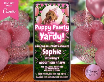 Digital Puppy Pawty in the Yardy Girl Dog Birthday Photo Invitation, Pink Balloons Greenery, Text Evite, Editable Template, Instant Download