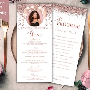 Bearbeitbares Bild Pink Rose Gold Glitter Ballons Menü- und Programmkartenvorlage, druckbares Ereignismenü-Getränkekarte, Geburtstagstischmenü