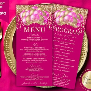 May include: A magenta menu and program card set with gold detailing. The menu features a balloon design and a list of dishes. The program card lists the order of events. The text "Jennifer's 30th Birthday" is visible.