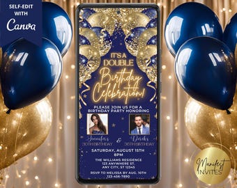 Digital Joint Double Birthday Party Blue Gold Glam Glitter Balloons Photo Invitation, Phone Text Evite, Editable Template, Instant Download
