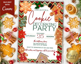 May include: A festive invitation for a cookie decorating party. The design features gingerbread men, Christmas trees, and snowflakes. The invitation includes the date, time, and location, with the text "Cookie Decorating Party".