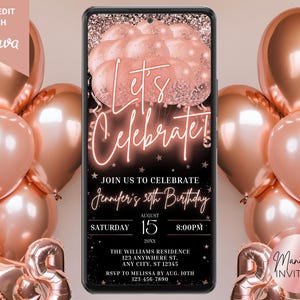 Digital Let&#39;s Celebrate Neon Pink Rose Gold Glitter Balloons Birthday Party Invitation, Phone Evite, Editable Template, Instant Download