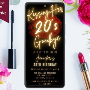 Elektroniczne zaproszenie na przyjęcie urodzinowe Kissing Her 20's Goodbye 30th, cyfrowy tekst zaproszenia na telefon, czerwone złoto, edytowalny szablon, natychmiastowe pobranie