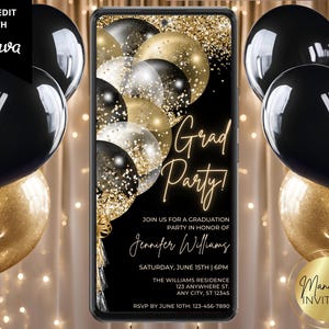 Digital Elegant Black Gold Balloons Graduation Party Invitation, High School College Grad Party Evite, Editable Template, Instant Download