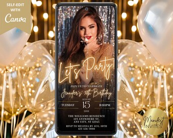 May include: A gold and black digital invitation with a photo of a woman holding a sparkler. The text reads "Let's Party" and "Jennifer's 50th Birthday". The invitation includes the date, time, and location of the event.