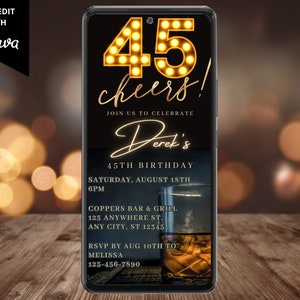 Faire-part de fête électronique du 45e anniversaire pour homme, téléphone numérique texte, e-mail, avertissement, whisky, modèle modifiable, téléchargement immédiat, WM42