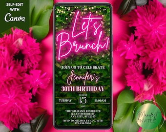 Digital Let's Brunch Birthday Party Invitation, Digital Phone Evite, Pink Neon Greenery, Editable Template, Electronic, Instant Download