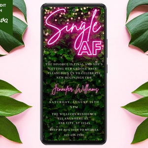 Electronic Divorce Party Invitation, Digital Phone Text Message Evite, Single AF, Pink Neon Greenery, Editable Template, Instant Download