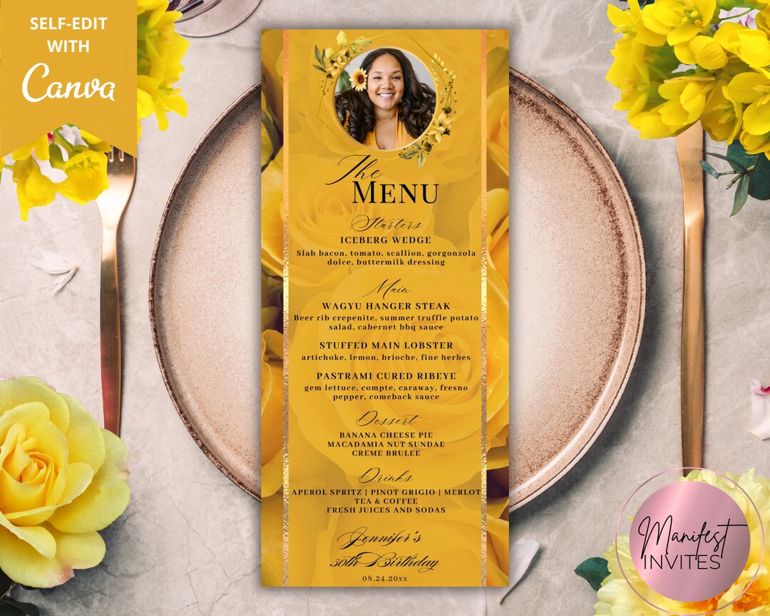 Editable Picture Yellow Floral Menu Card Template, Printable Event Menu ...
