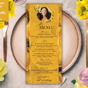 Bewerkbare afbeelding gele bloemen menukaartsjabloon, afdrukbare evenementmenu borrelkaart, verjaardagsfeestje dinertafelmenu, direct downloaden