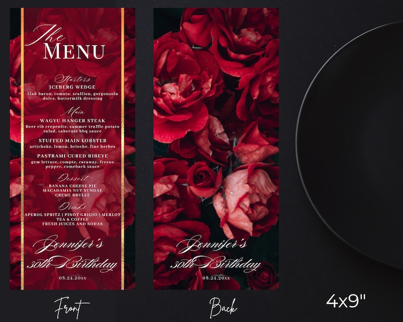 Editable Elegant Red Floral Roses Dinner Menu and Drink Card, Birthday ...