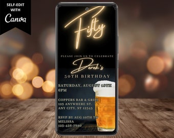 Invitación electrónica a la fiesta de cumpleaños número 50 de la cerveza para hombres, correo electrónico de texto de teléfono móvil digital Evite, plantilla editable, descarga instantánea