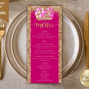 Editable Pink Gold Glitter Balloons Birthday Dinner Menu Card, Printable Event Menu and Drink Card, Editable Template, Instant Download