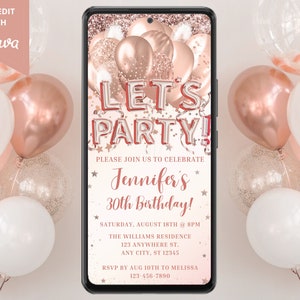 Digital Let&#39;s Party Pink Rose Gold Balloons Birthday Invitation, Electronic Phone Text Evite, Editable Template, Instant Download, RGBN2